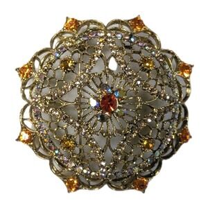 Vintage Gold Tone Filigree Mandala Brooch Pin - Amber & AB Rhinestones - 2"
